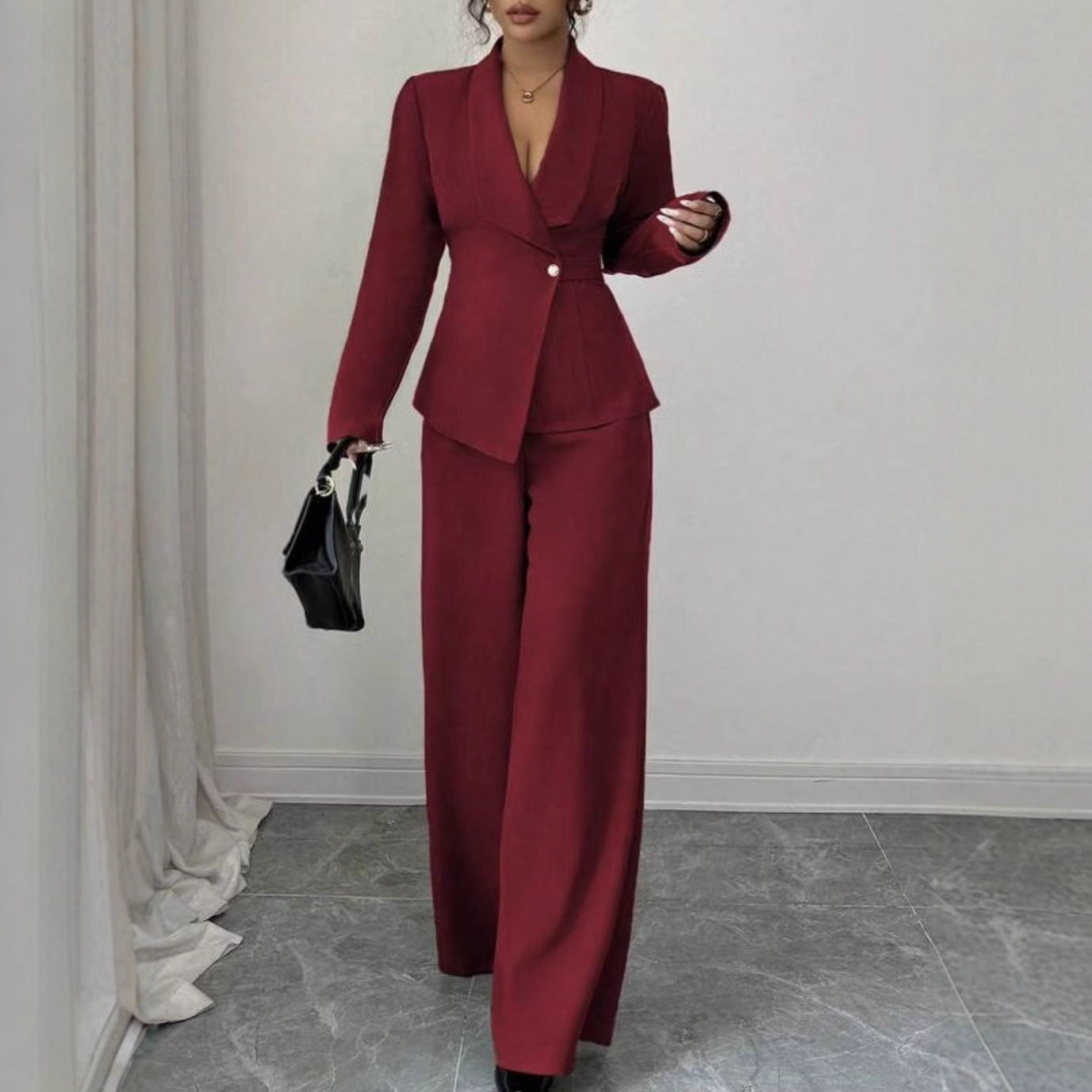 Solid-color Long-sleeve Straight-leg Pants Set For Women - Image 6