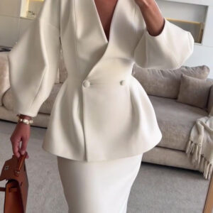 Ruffled V-neck Coat & Long Skirt Suit