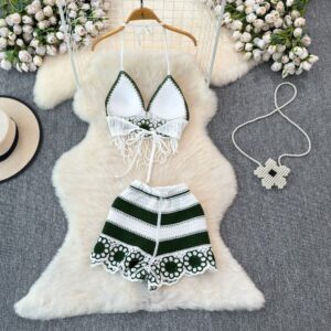 V-neck Fringe Vest High-waisted Hollowed-out Wide-leg Shorts Women's Suit