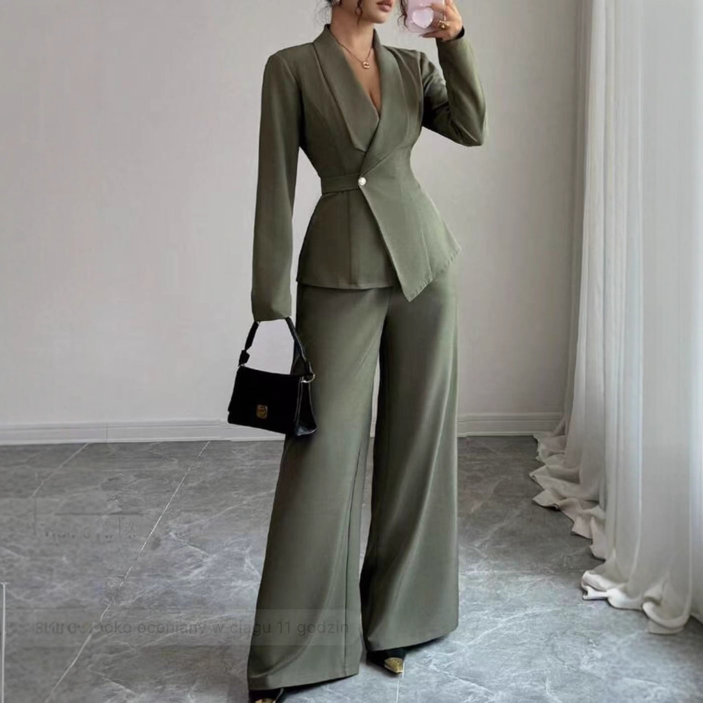 Solid-color Long-sleeve Straight-leg Pants Set For Women - Image 7
