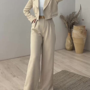 Solid Color Short Blazer & High Waist Pants Set