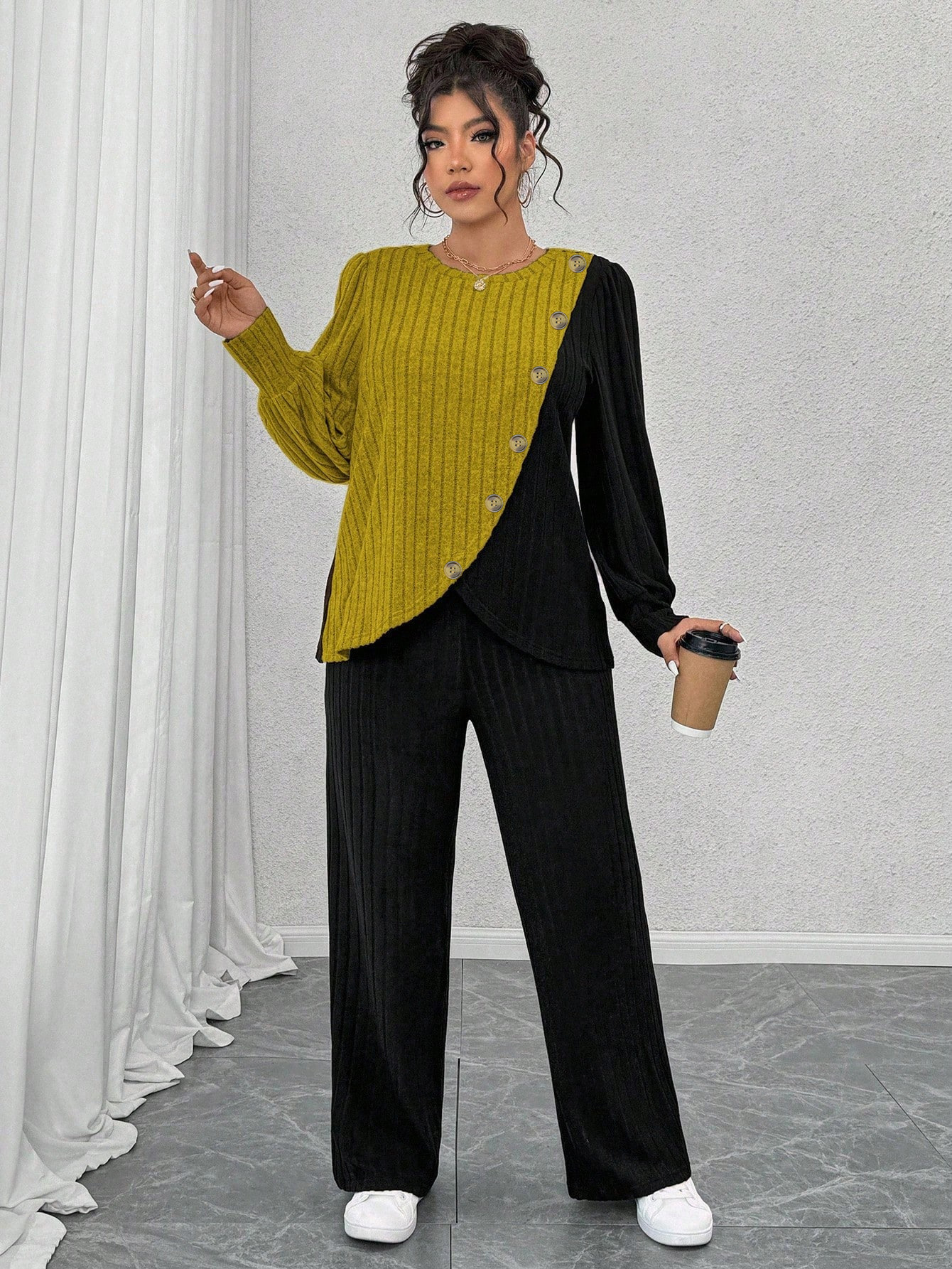 Round-neck Long-sleeve Soft Knit With Textured Color Blocks And Asymmetrical Design - Image 9