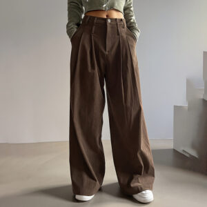 Women's Solid Color High-Waisted Pleated Pants, Wide Leg Trousers With Pockets For Casual Spring And Fall Wear