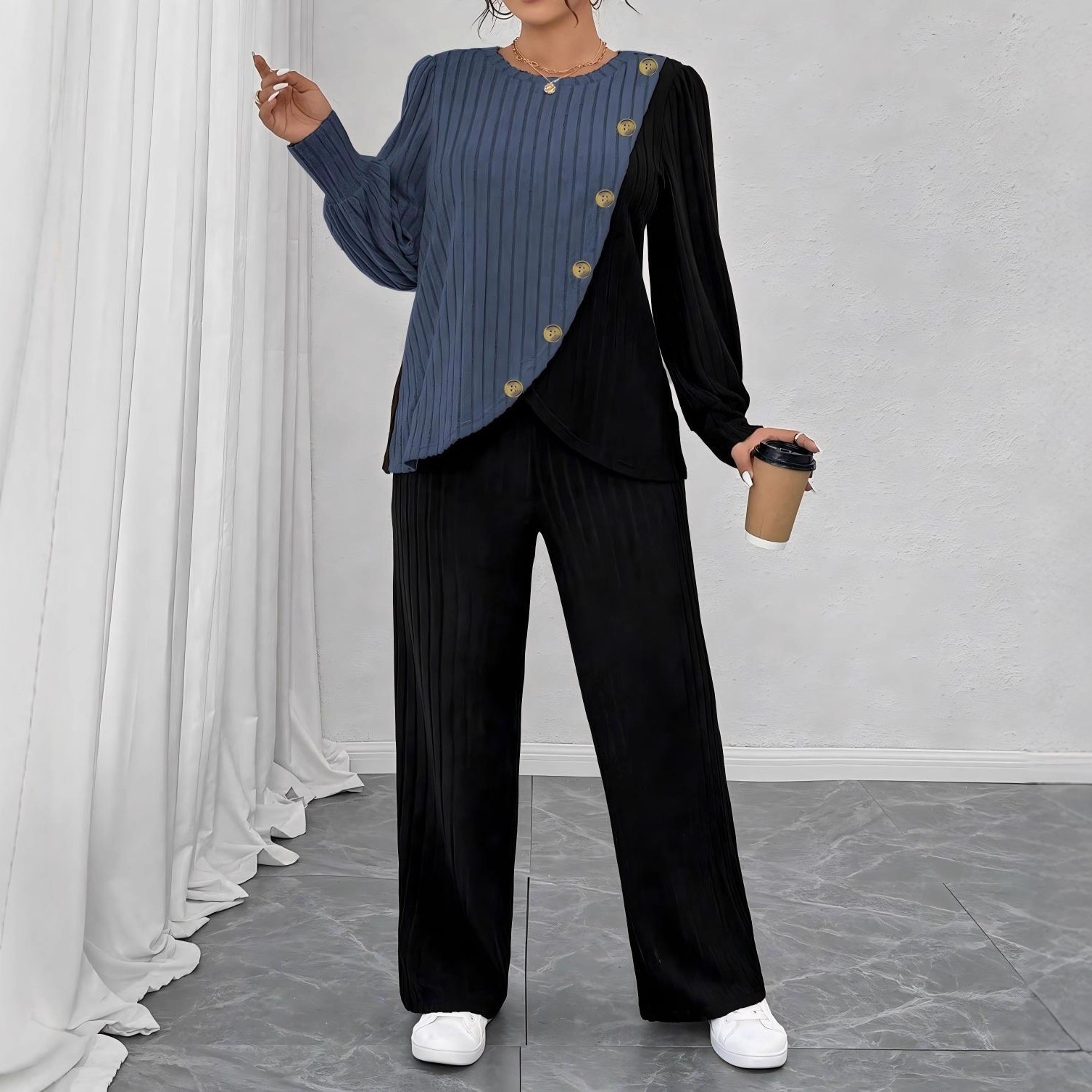 Round-neck Long-sleeve Soft Knit With Textured Color Blocks And Asymmetrical Design - Image 5