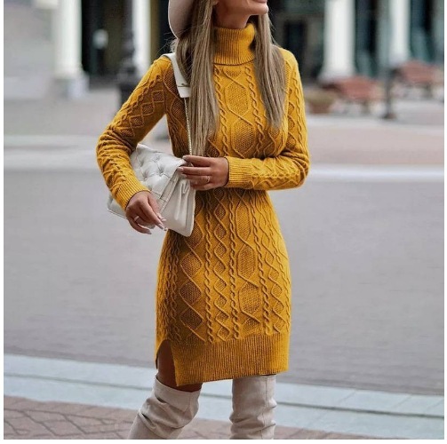 Fashion Turtleneck Knitted Dress With Slit Design Winter Warm Solid Color Pullover Long Sweater Women's Clothing - Image 7