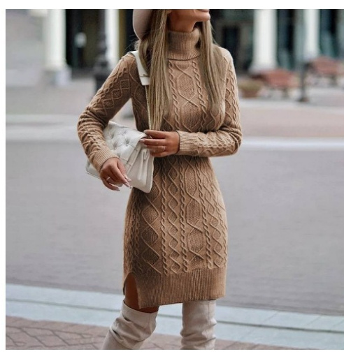 Fashion Turtleneck Knitted Dress With Slit Design Winter Warm Solid Color Pullover Long Sweater Women's Clothing - Image 3