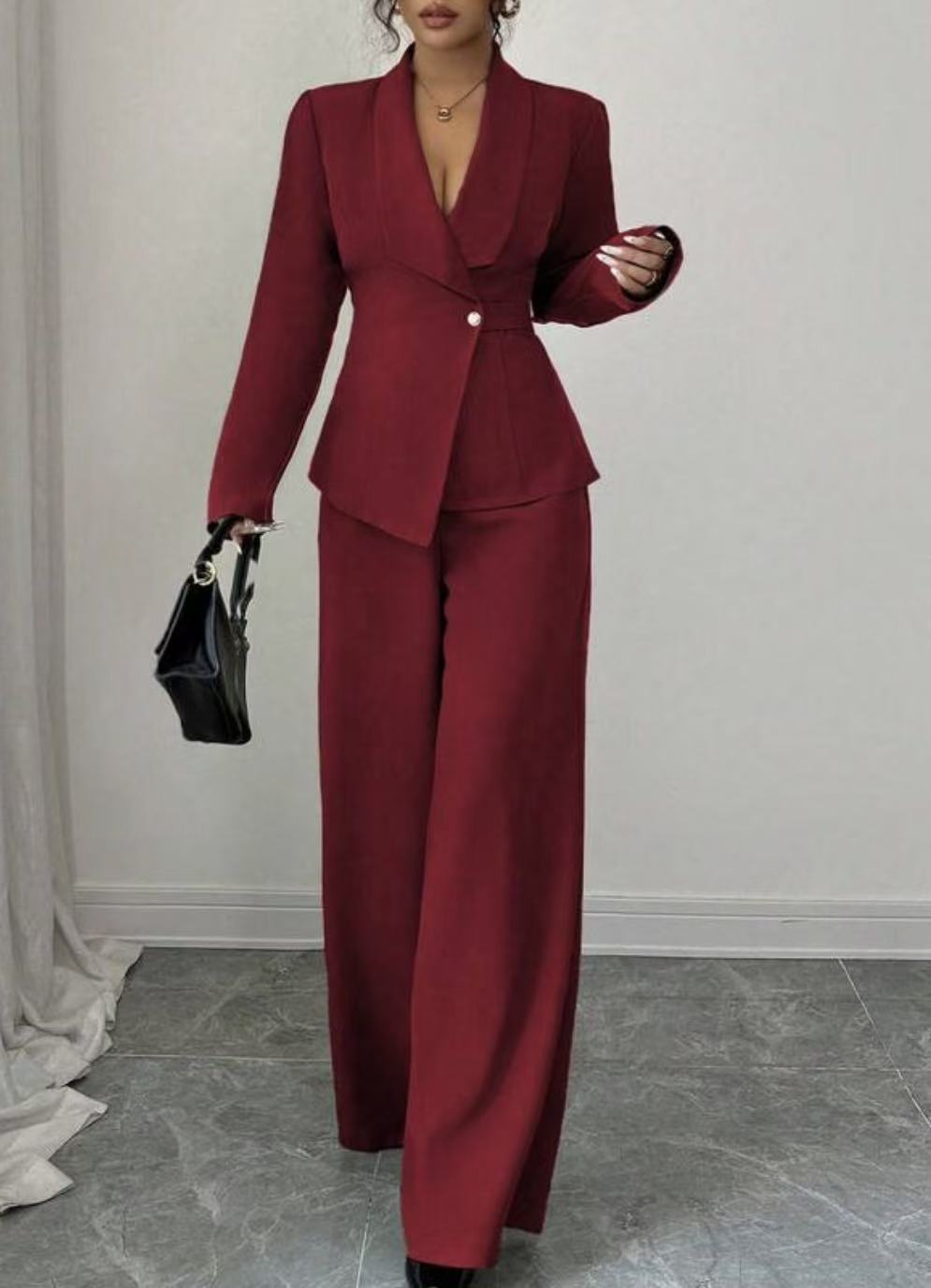 Solid-color Long-sleeve Straight-leg Pants Set For Women - Image 2