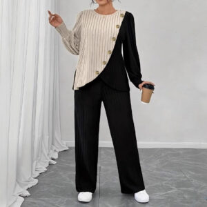 Round-neck Long-sleeve Soft Knit With Textured Color Blocks And Asymmetrical Design