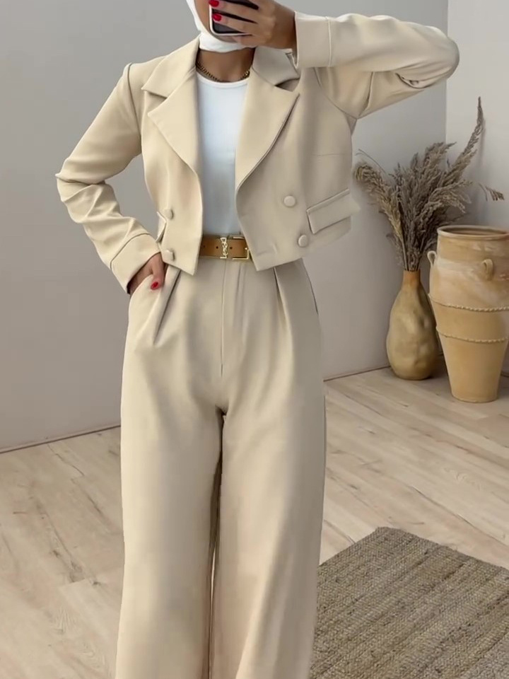 Solid Color Short Blazer & High Waist Pants Set - Image 2
