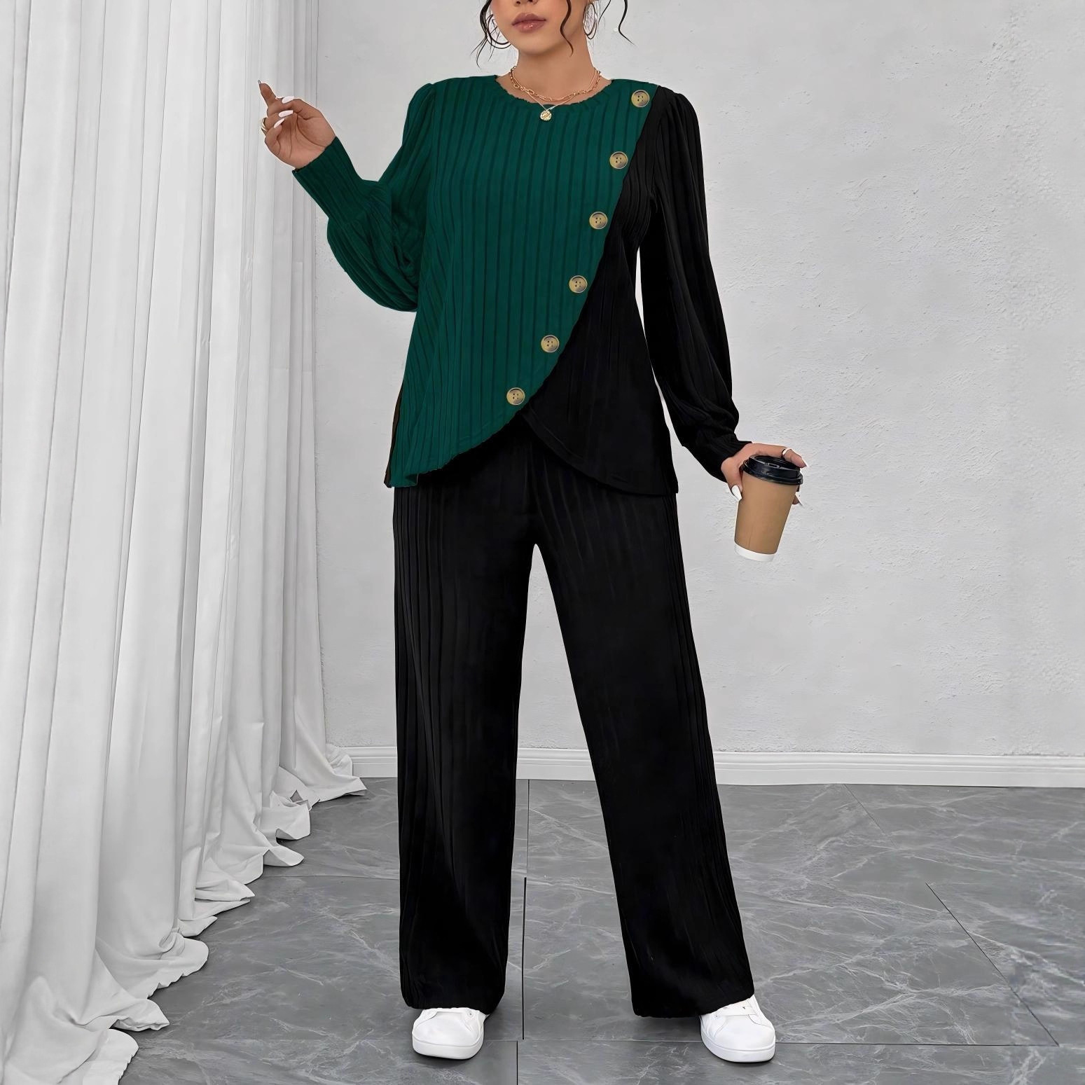 Round-neck Long-sleeve Soft Knit With Textured Color Blocks And Asymmetrical Design - Image 2